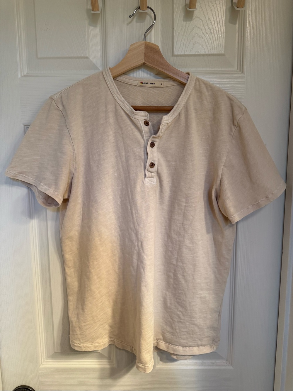Marine Layer Beige Slub Henley Short Sleeve Shirt - 3-Button